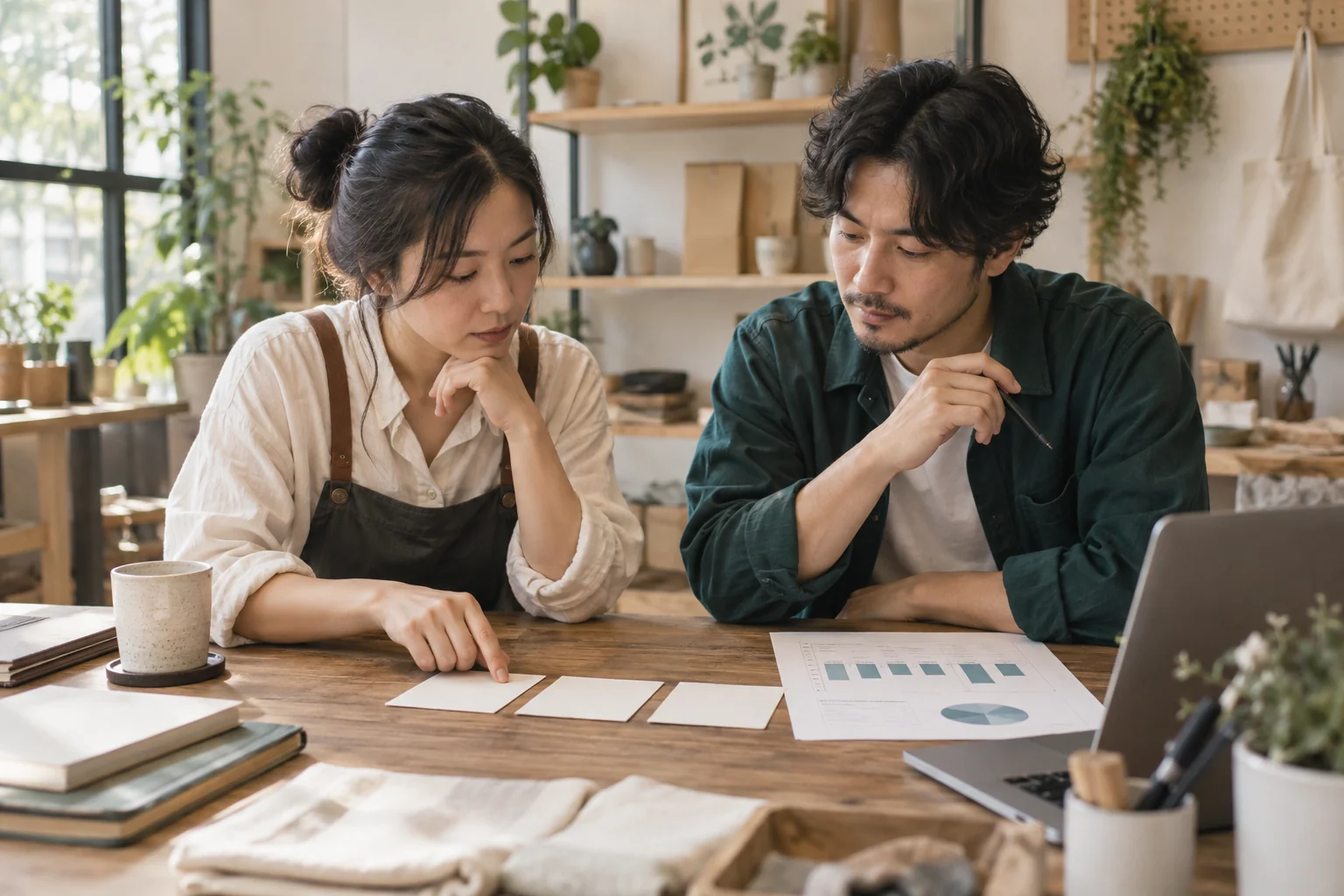 Founder comparing AI service features and usage budget on paper: verification and handoff example
