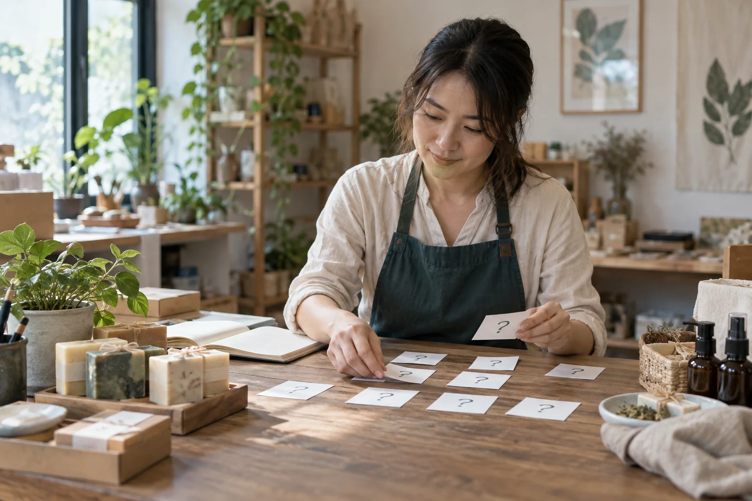 店主在桌前整理商品與服務常見問題卡片