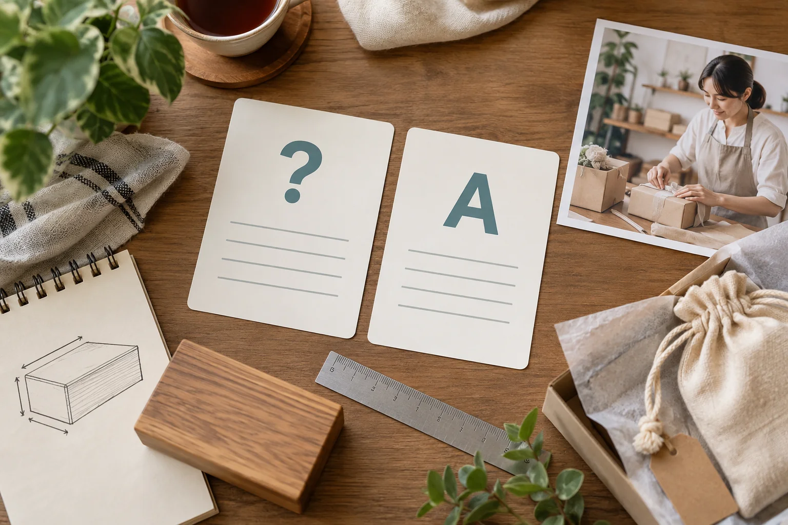 Question, answer and condition cards beside a product