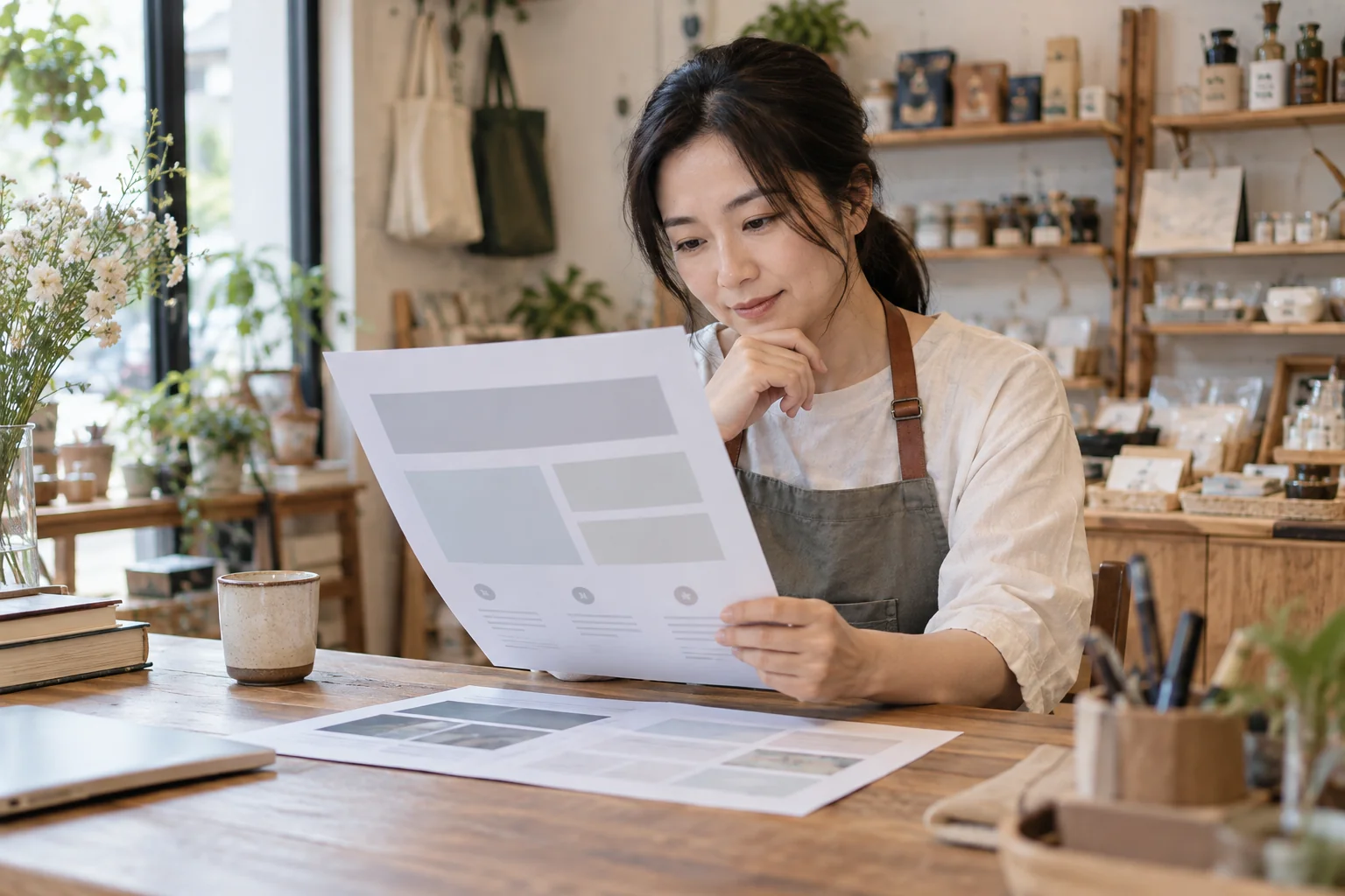 紙本服務資訊與小店工作桌的情境示意