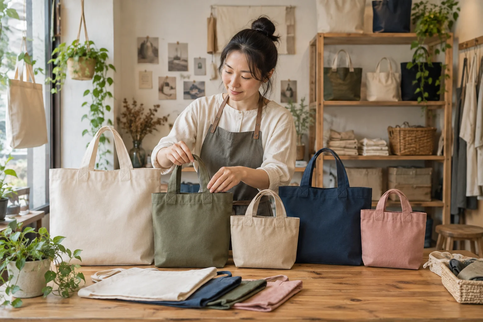 選物店業主在桌前整理多色帆布袋