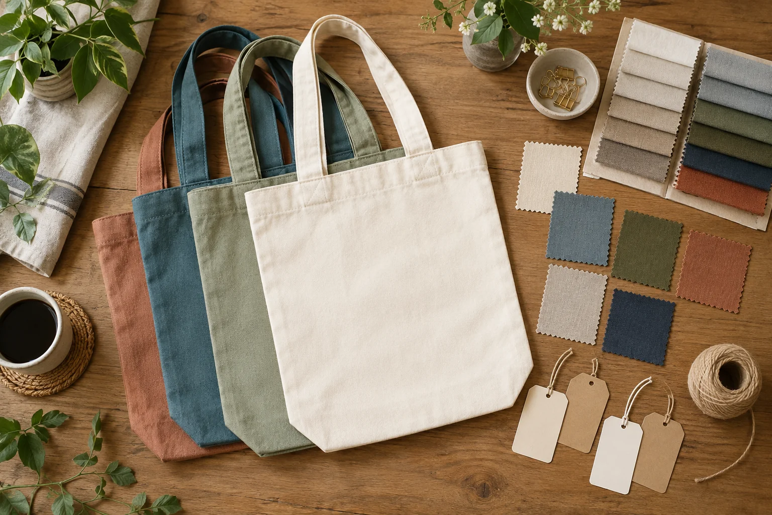 Comparison cards for tote colours, sizes and fabrics