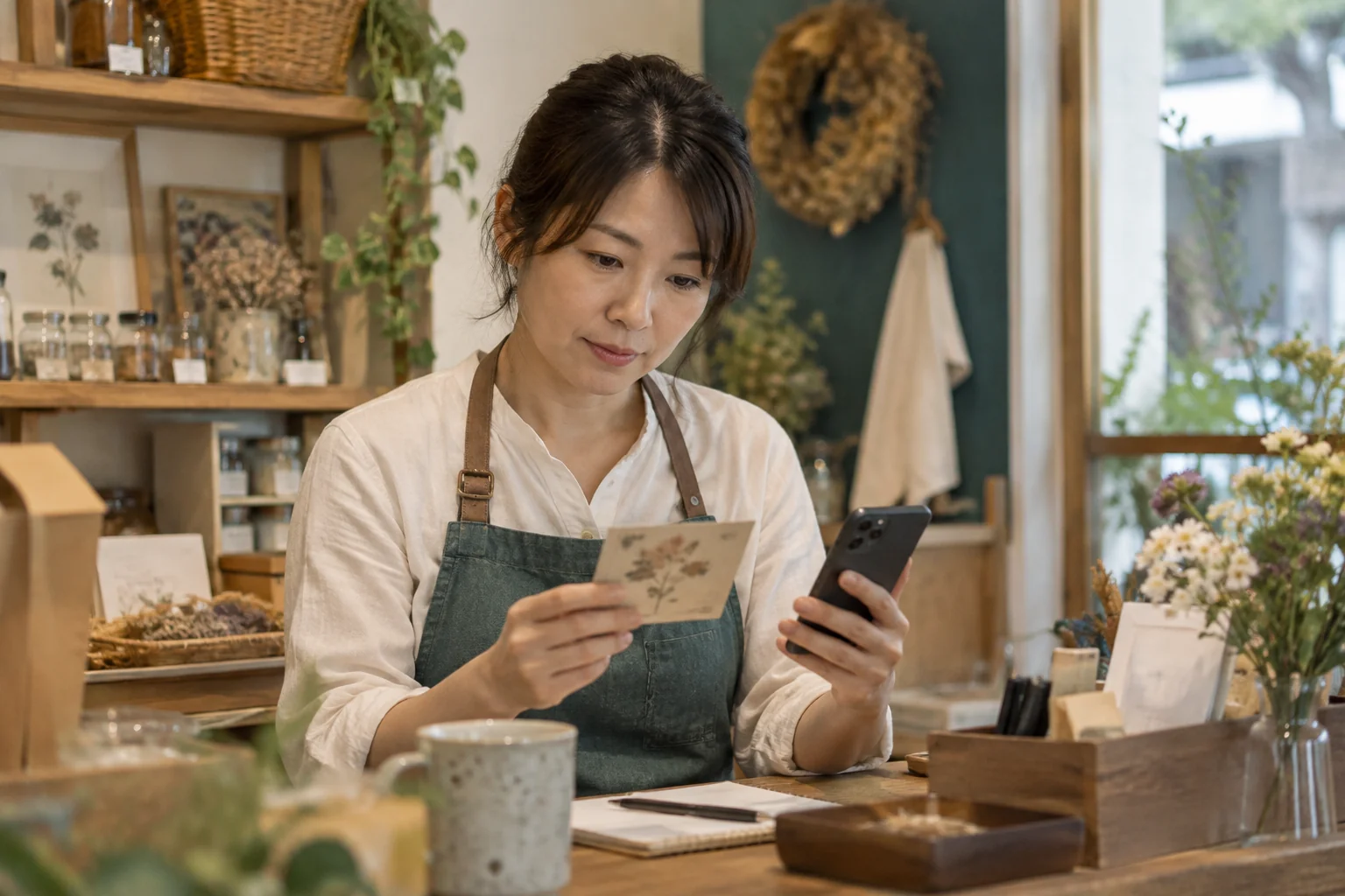 店主在桌前核對新舊社群活動資料